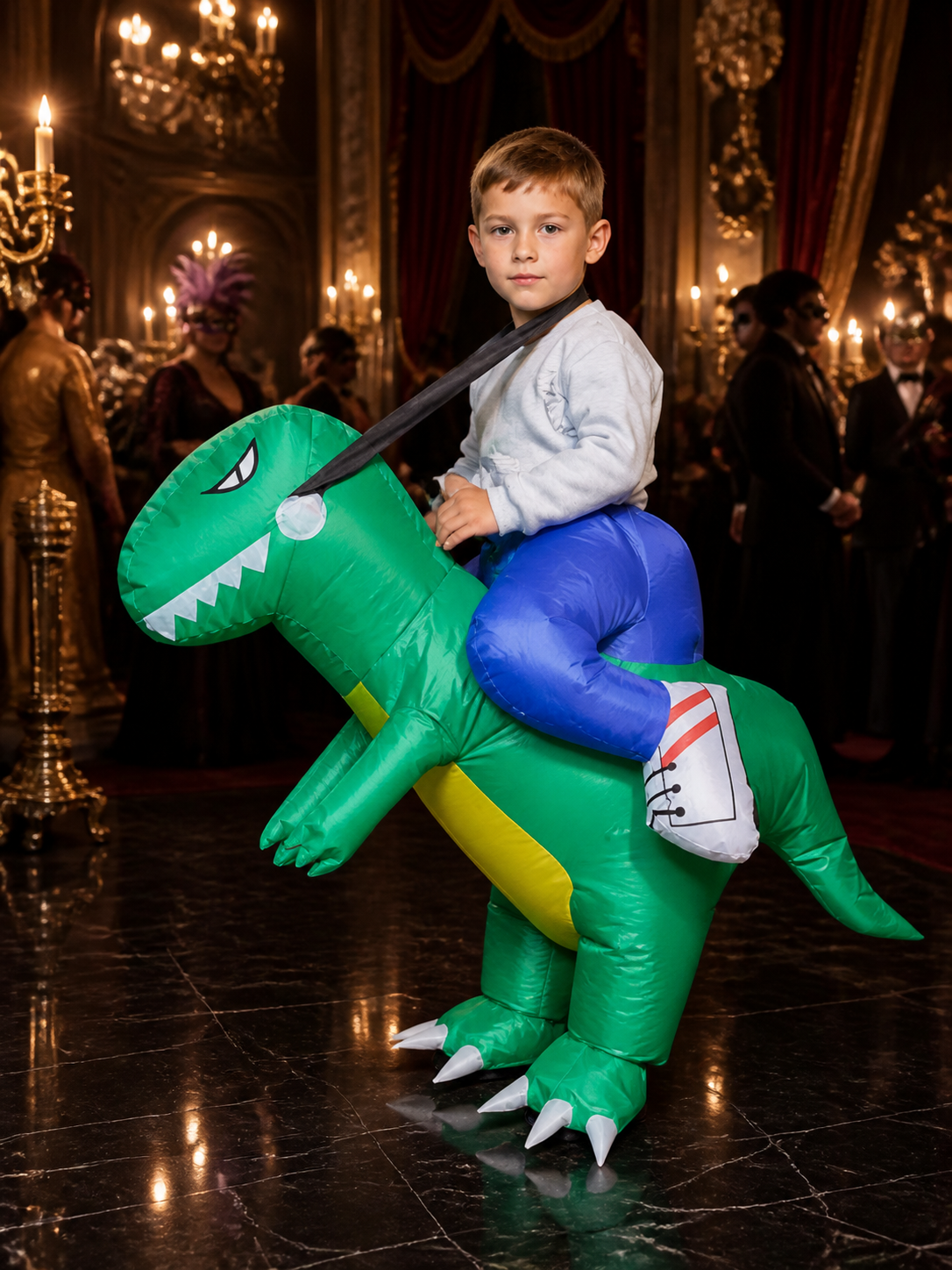 Green Inflatable Dinosaur Costume with White Teeth and Long Tail for Halloween Costumes detail