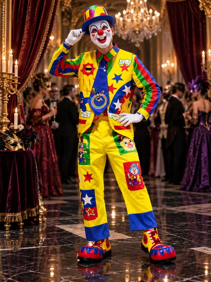 Bright Yellow Clown Costume with Mask, Vest, and Bow Tie
