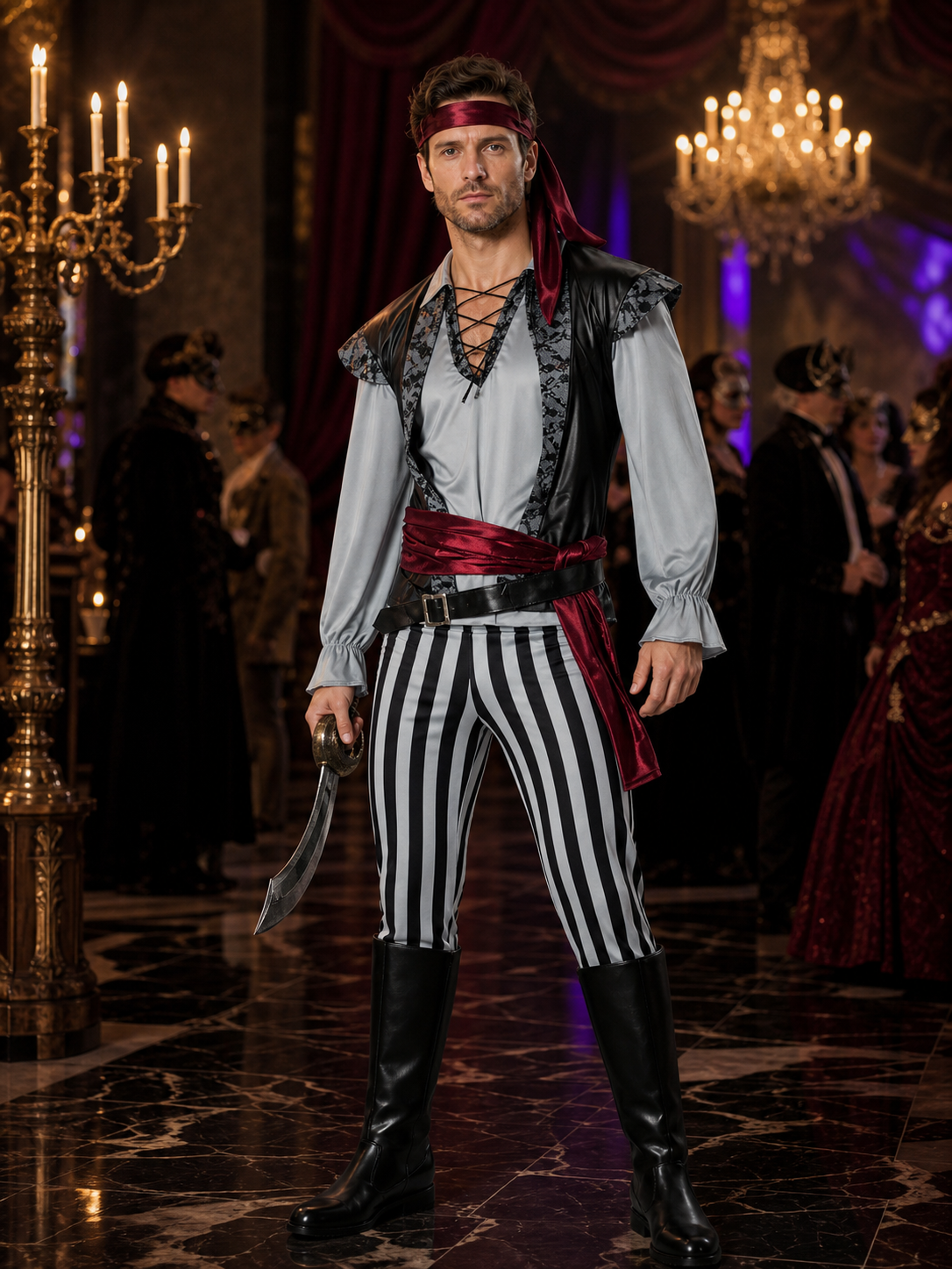 Adult Pirate Costume Set with Striped Pants, Vest, Shirt, Headscarf and Belts Costumes detail