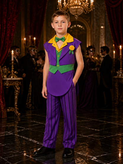 Kids Clown Costume Set, Purple Striped Pants, Yellow Rose Brooch and Bow Tie Costume Accessories detail