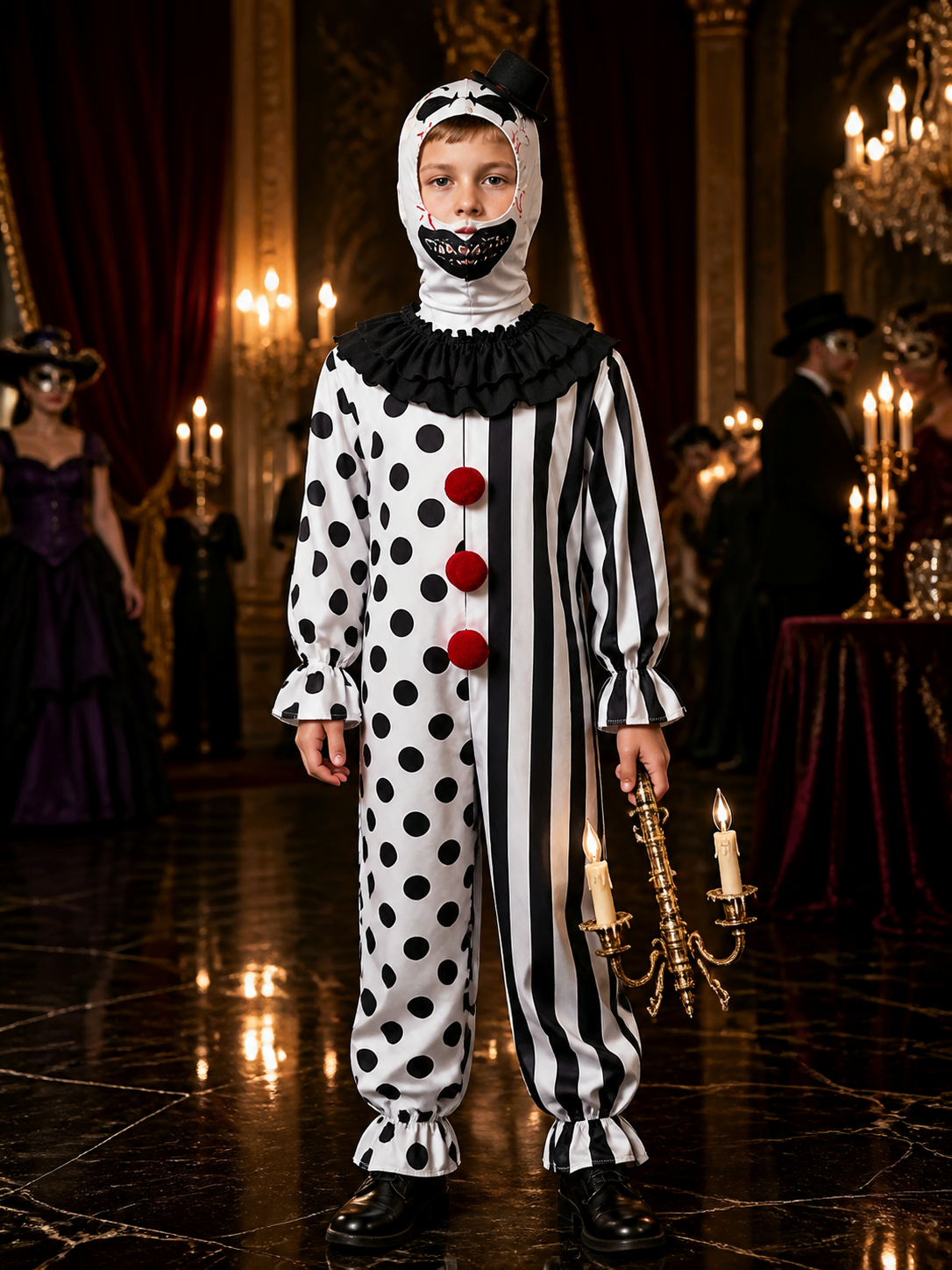 Kids' Clown Jumpsuit Costume with Mask & Hat, Black and White Polka Dot and Costume Masks detail