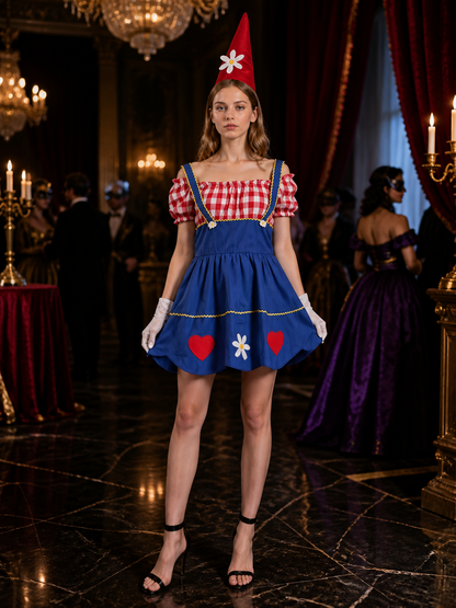 Women's Red & White Checkered Clown Dress with Blue Puffy Skirt, Hat & Gloves Costume Dresses detail