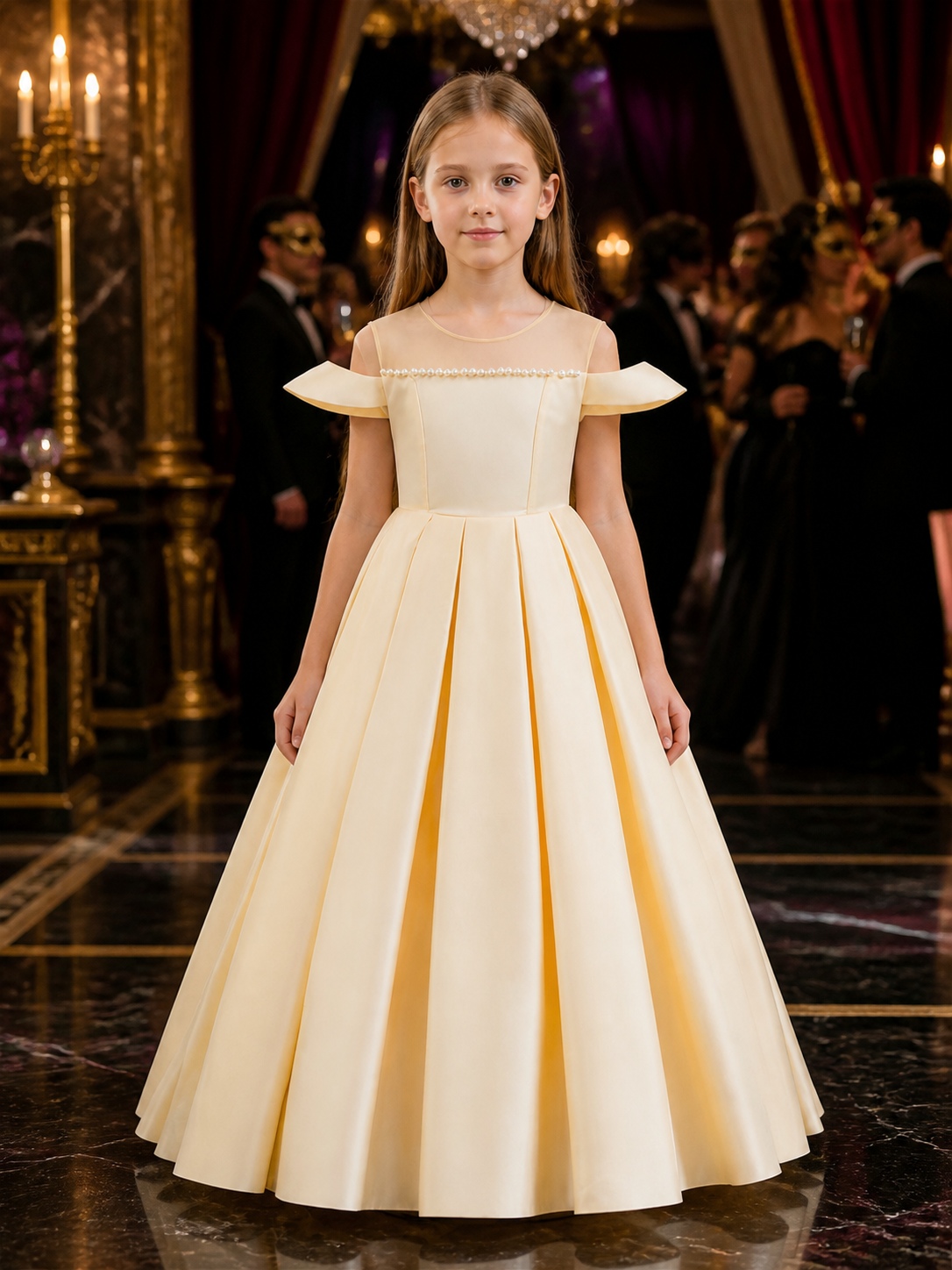 Girls' Champagne Off-Shoulder Beaded Pleated Long Formal Dress Costume Dresses detail