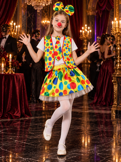 Kids' Clown Costume: Vest, Skirt, Tie, Headband, Nose