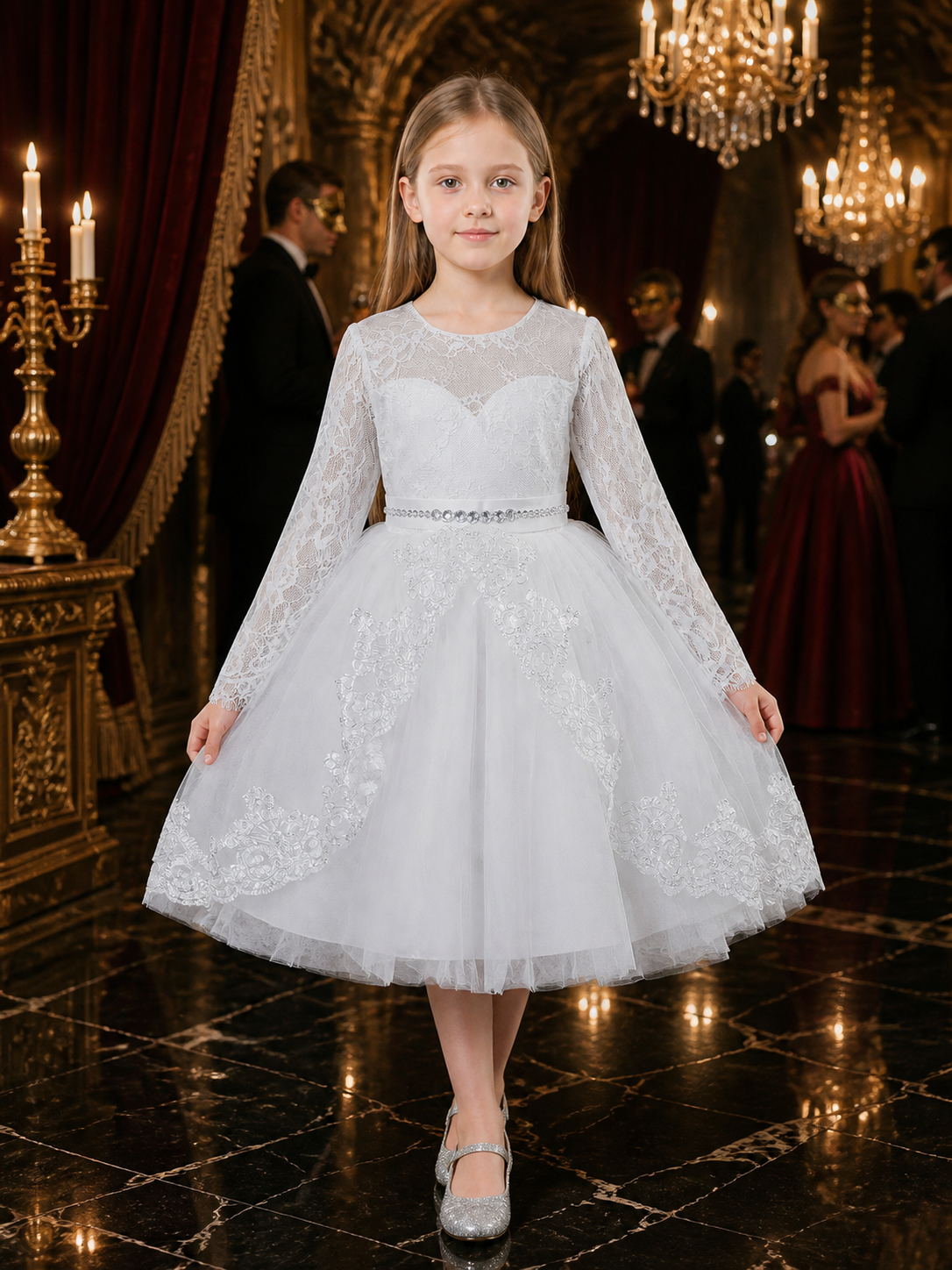 Girls' White Princess Dress, Long Sleeve Lace Tulle Party Formal Gown Costume Dresses detail