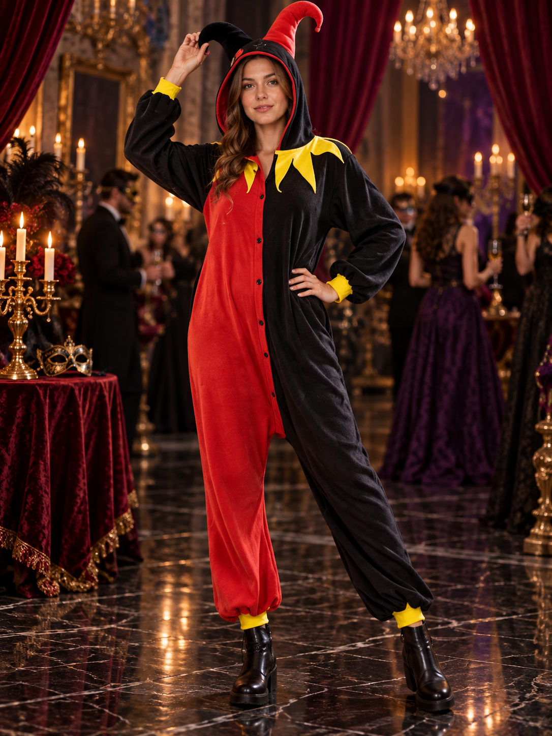 Red and black jester costume with yellow collar
