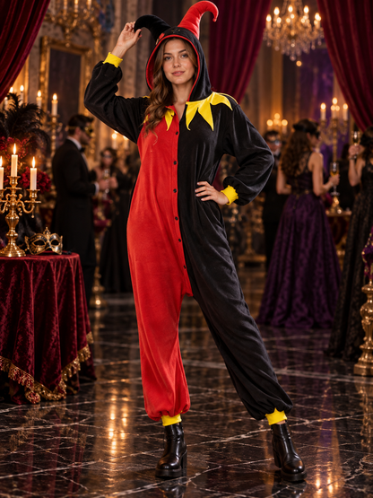 Red and black jester costume with yellow collar