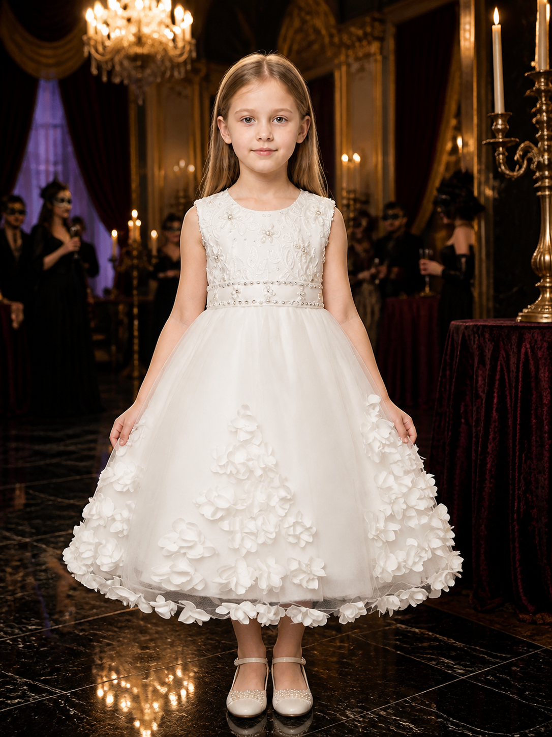 Toddler Girls' White Princess Dress with Floral Embroidery, Beaded Waist and