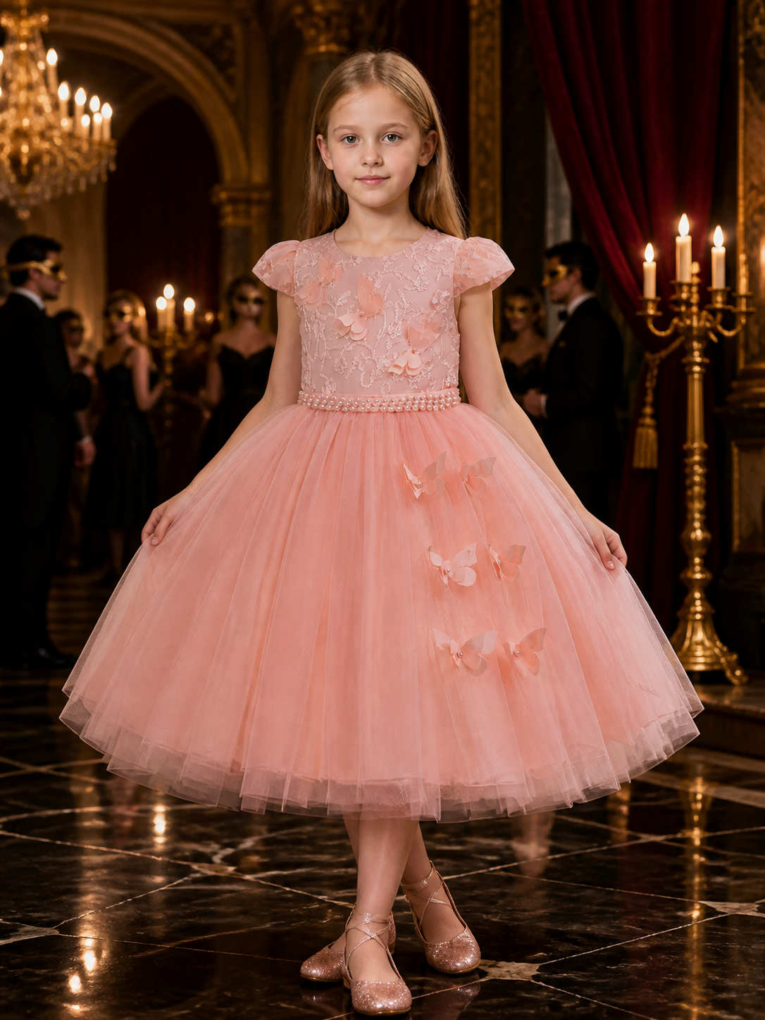 Baby Girls' Pink Princess Formal Dress, Short Sleeves, Layered Tulle Skirt, Bow Costume Dresses detail