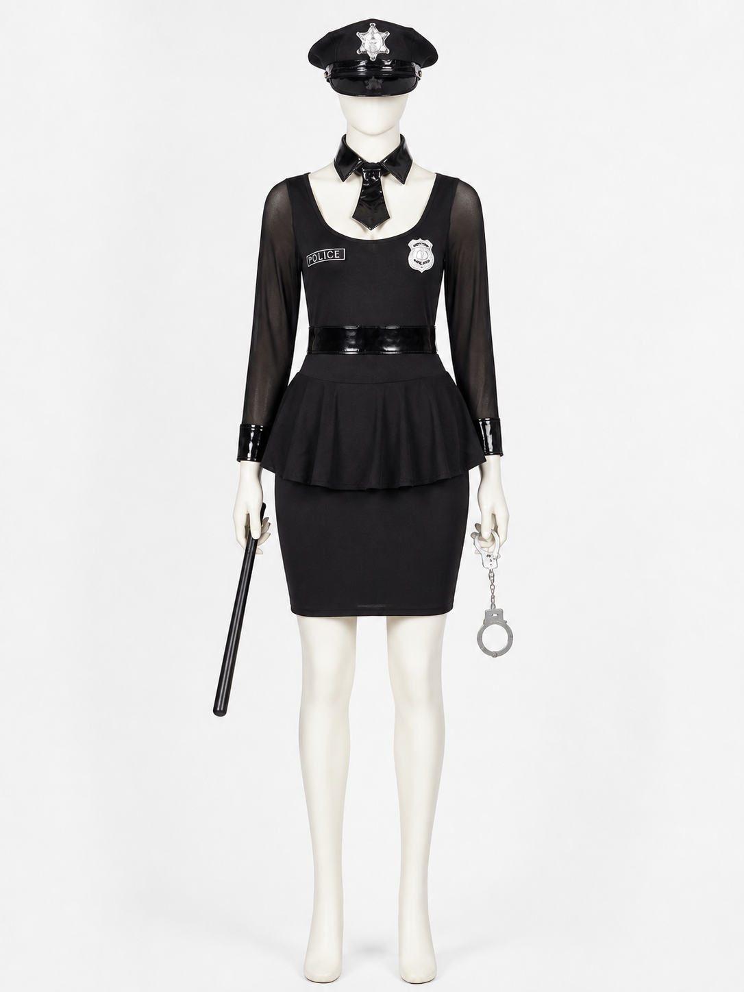 Women's Black Police Officer Costume Dress with Belt Hat Handcuffs Baton, Sexy Costume Dresses detail