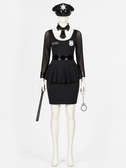 Women's Black Police Officer Costume Dress with Belt Hat Handcuffs Baton, Sexy Costume Dresses detail