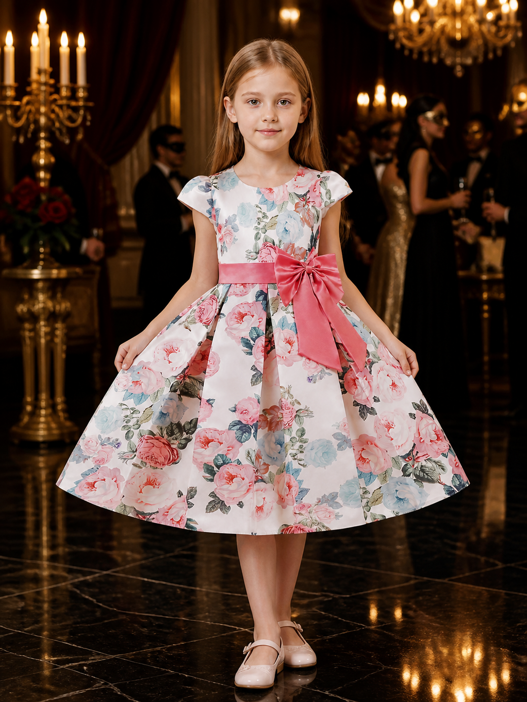 Girls' Floral Print Princess Dress With Bow, Short Sleeve Formal Outfit