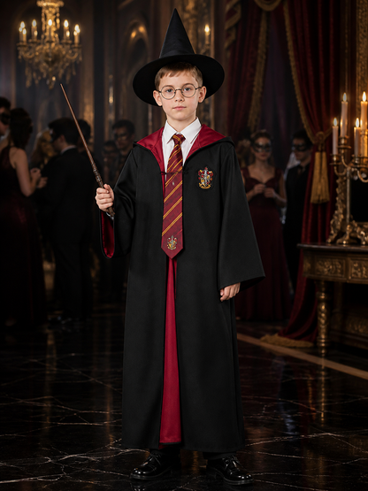 Kids Red And Black Wizard Robe Costume Set With Hat, Tie, Wand And Glasses Costume Headwear detail
