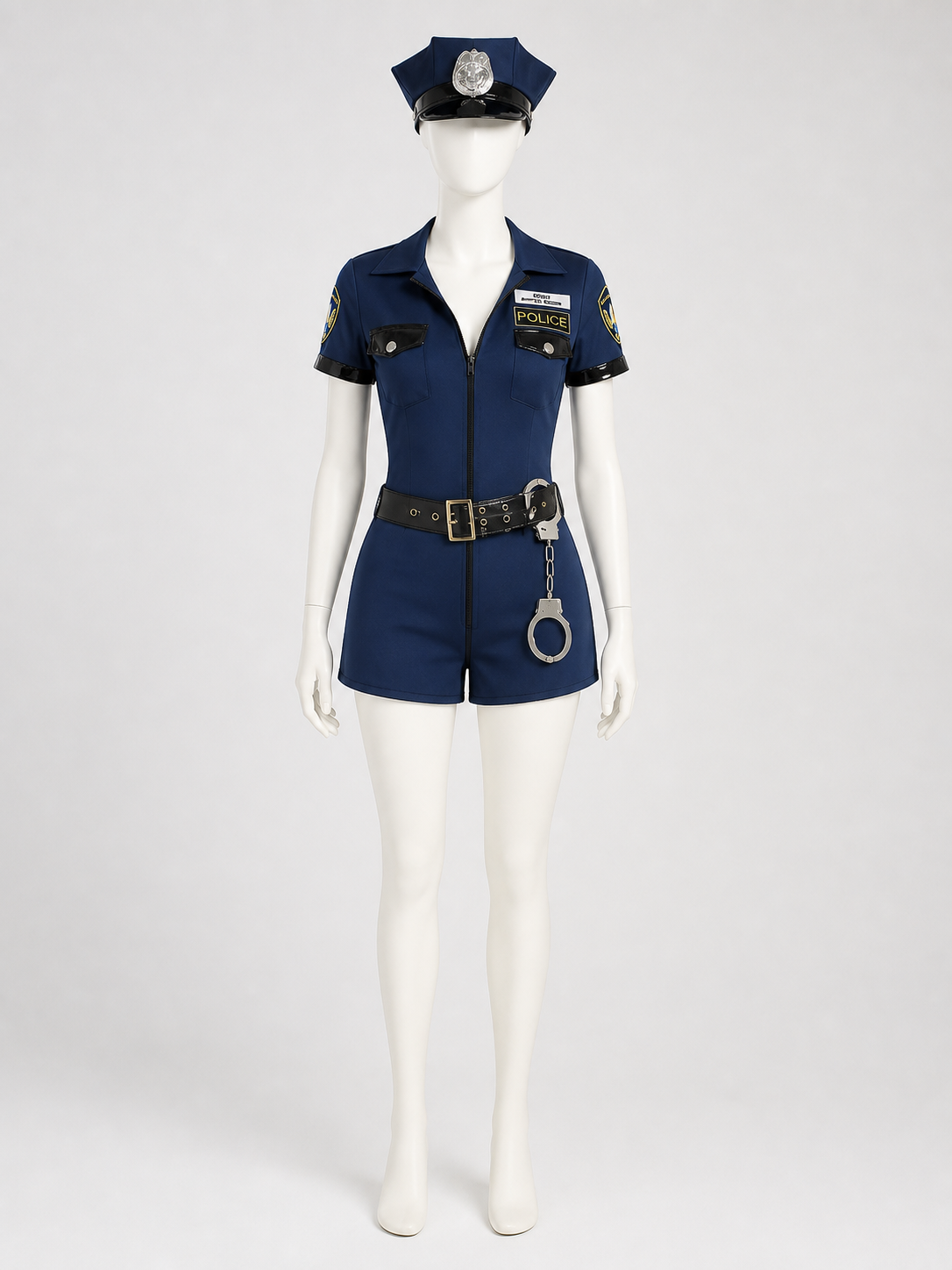 Women's Halloween Police Costume Set, Short-Sleeve V-Neck One-Piece with Hat Costume Headwear detail