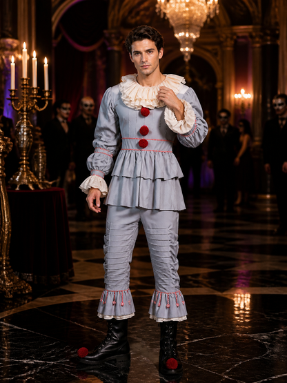 Adult Clown Jumpsuit Costume with Ruffle Trim and Red Pom Poms, Halloween Costumes detail