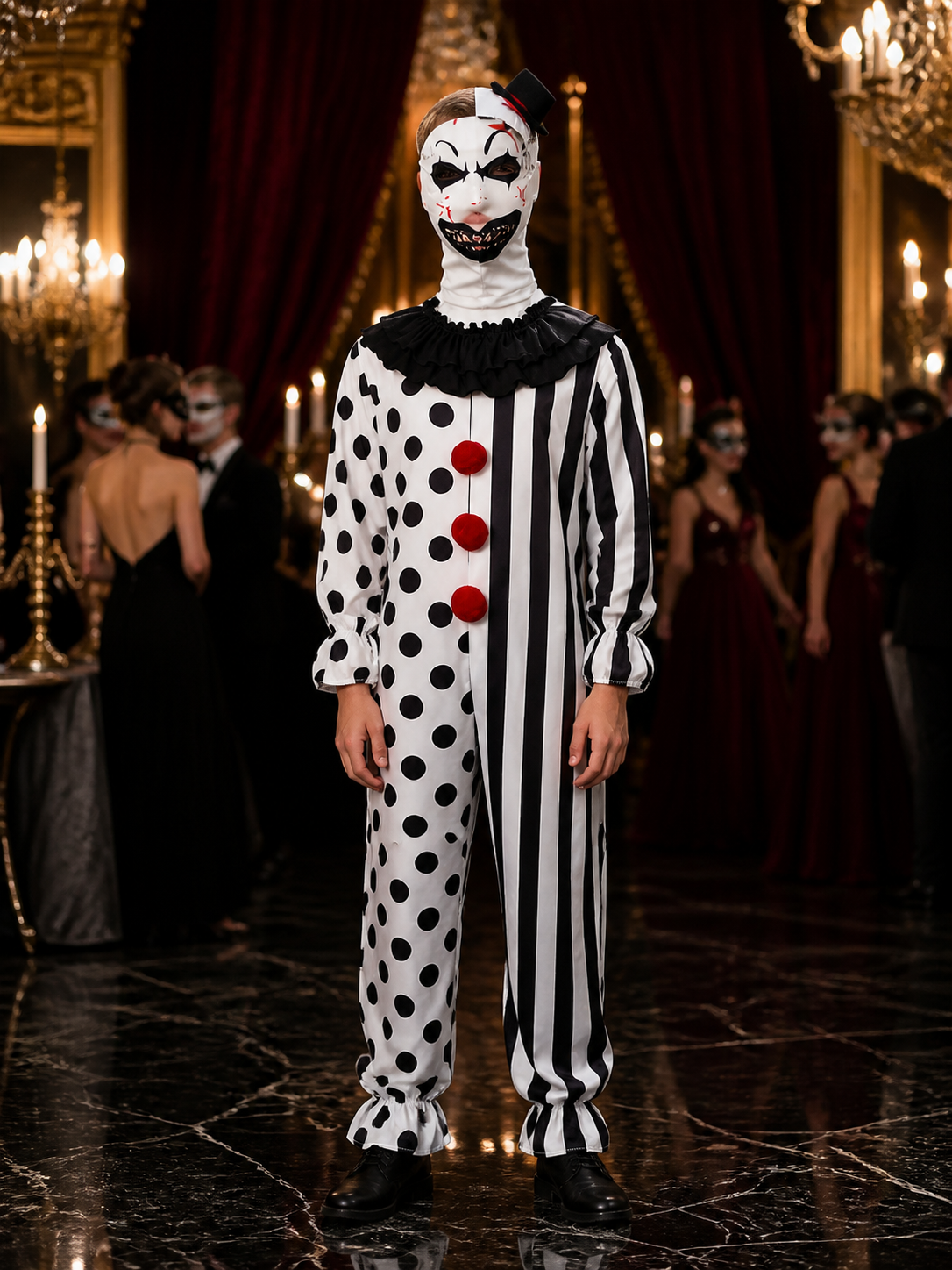 Scary Halloween Polka Dot Clown Jumpsuit Costume Set with Headpiece and Top Hat Costume Headwear detail
