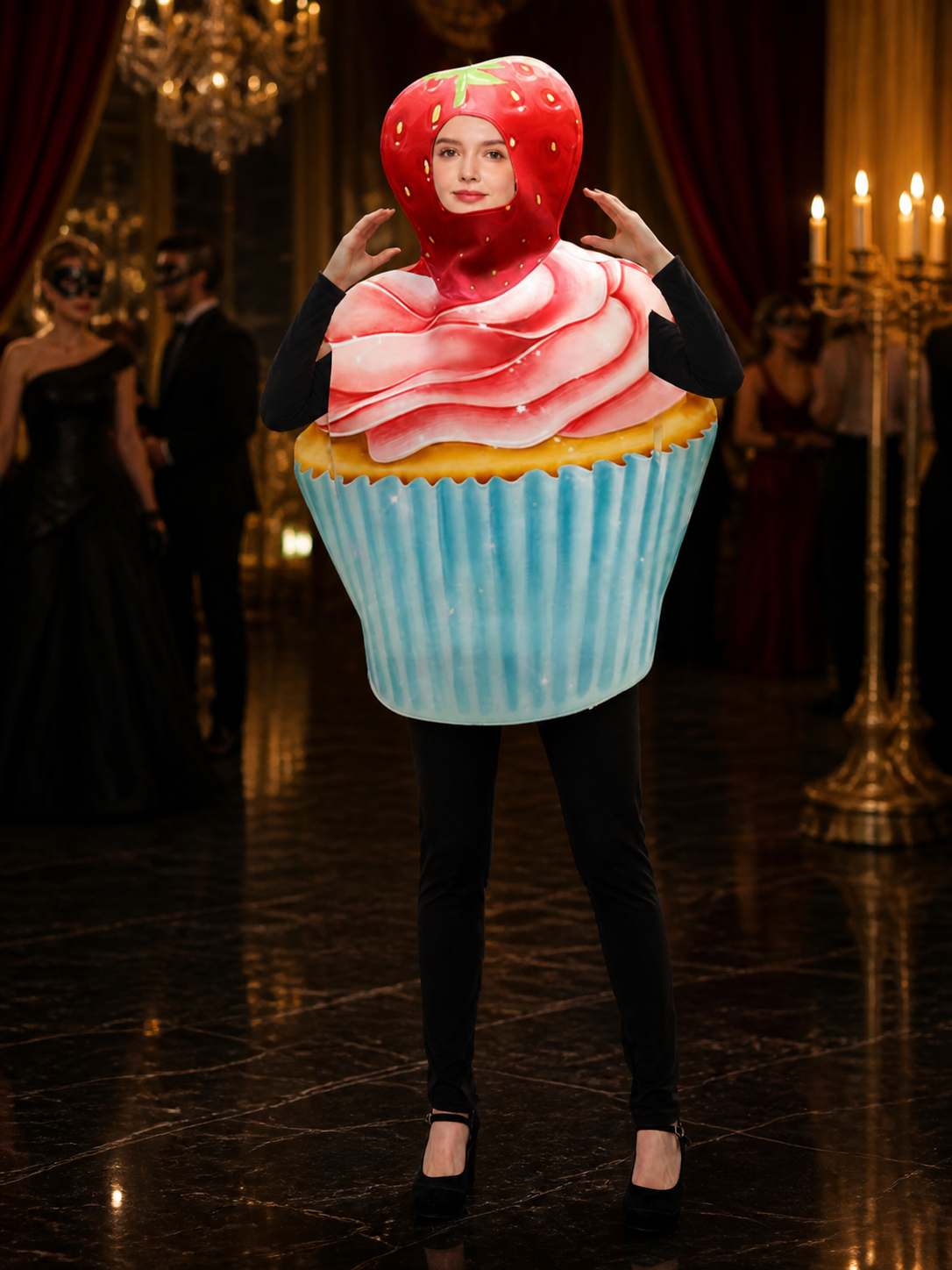 Adult Strawberry Cake Costume Bodysuit, Cupcake Design Halloween Cosplay Outfit Costumes detail