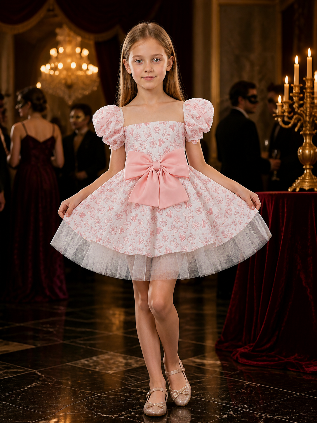 Toddler Girls' Princess Dress with Puff Sleeves, Bow and Heart Flower Embroidery Costume Dresses detail