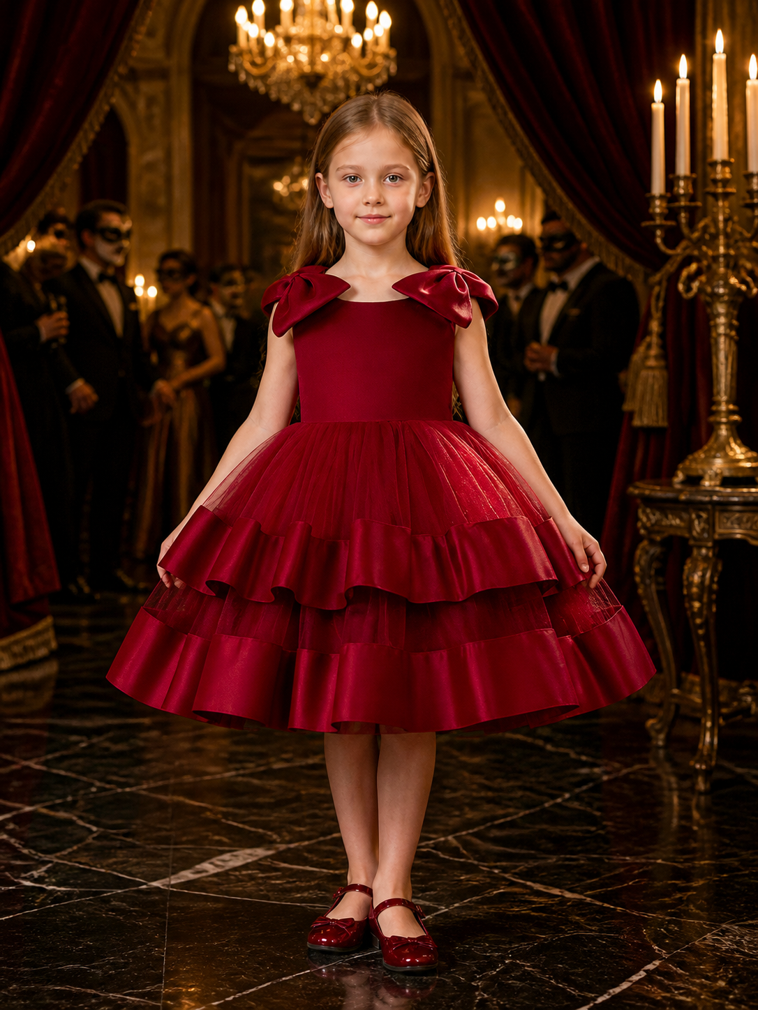 Girls' Burgundy Sleeveless Princess Dress, Layered Tulle Ruffles With Shoulder Costume Dresses detail