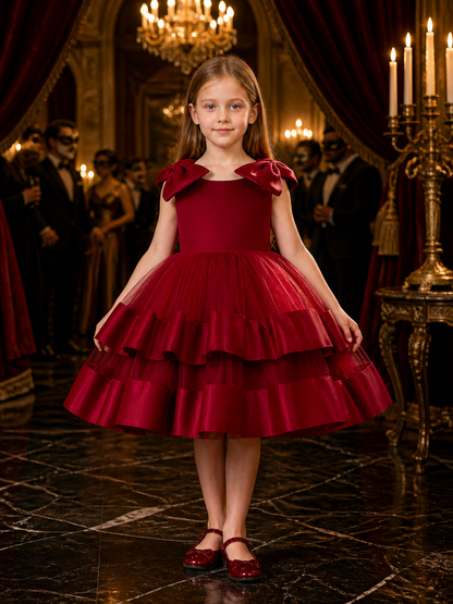 Girls' Burgundy Sleeveless Princess Dress, Layered Tulle Ruffles With Shoulder Costume Dresses detail