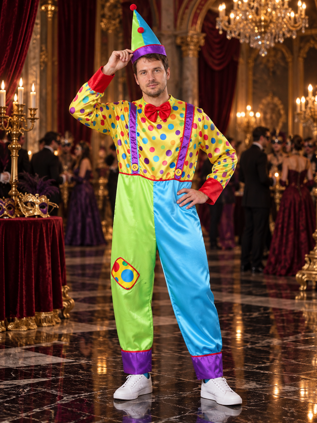 Adult Clown Costume: Jumpsuit, Hat, Polka Dots
