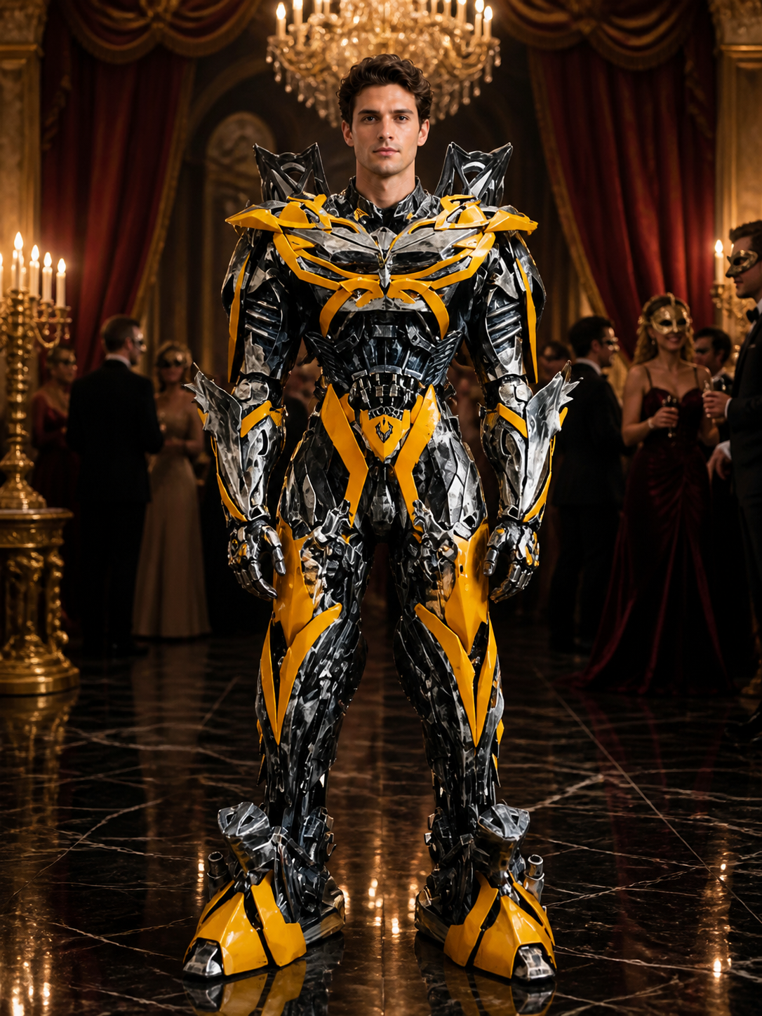Full-Body Mechanical Armor Bodysuit Costume, Silver Gray, Yellow and Black Costumes detail