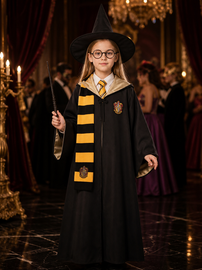 Wizard Robe Costume Set With Pointed Hat, Striped Scarf, Tie, Glasses And Wand Costume Headwear detail