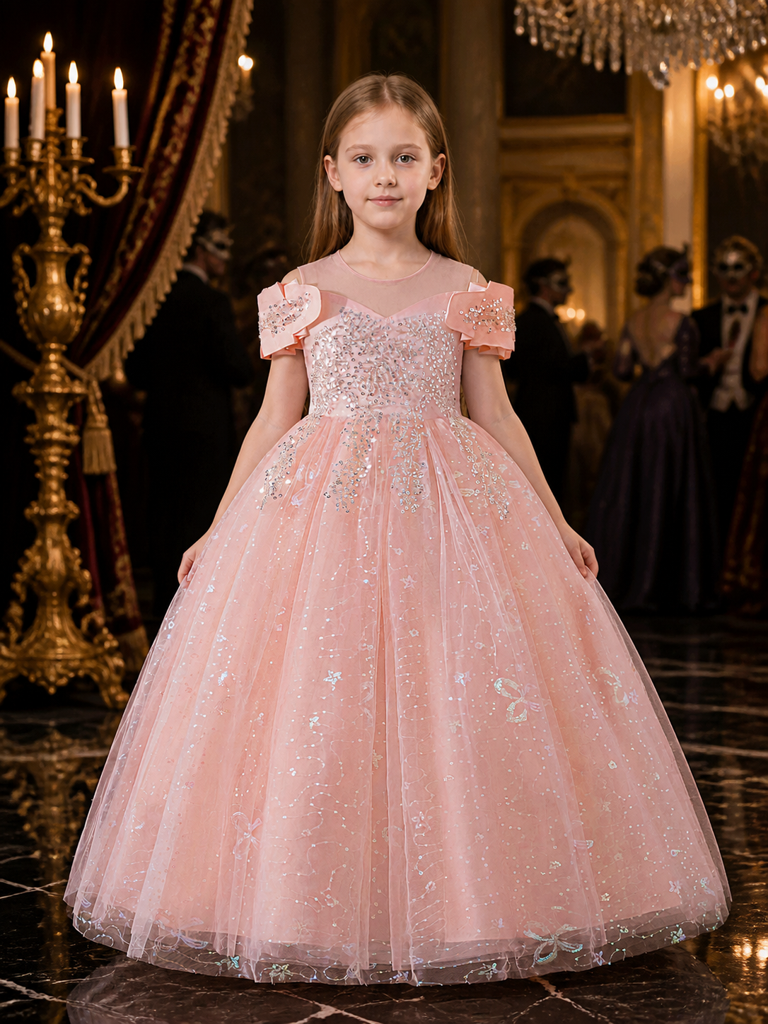 Girls' Pink Princess Dress, Sequined Ruffle-Sleeve Long Formal Gown Costume Dresses detail