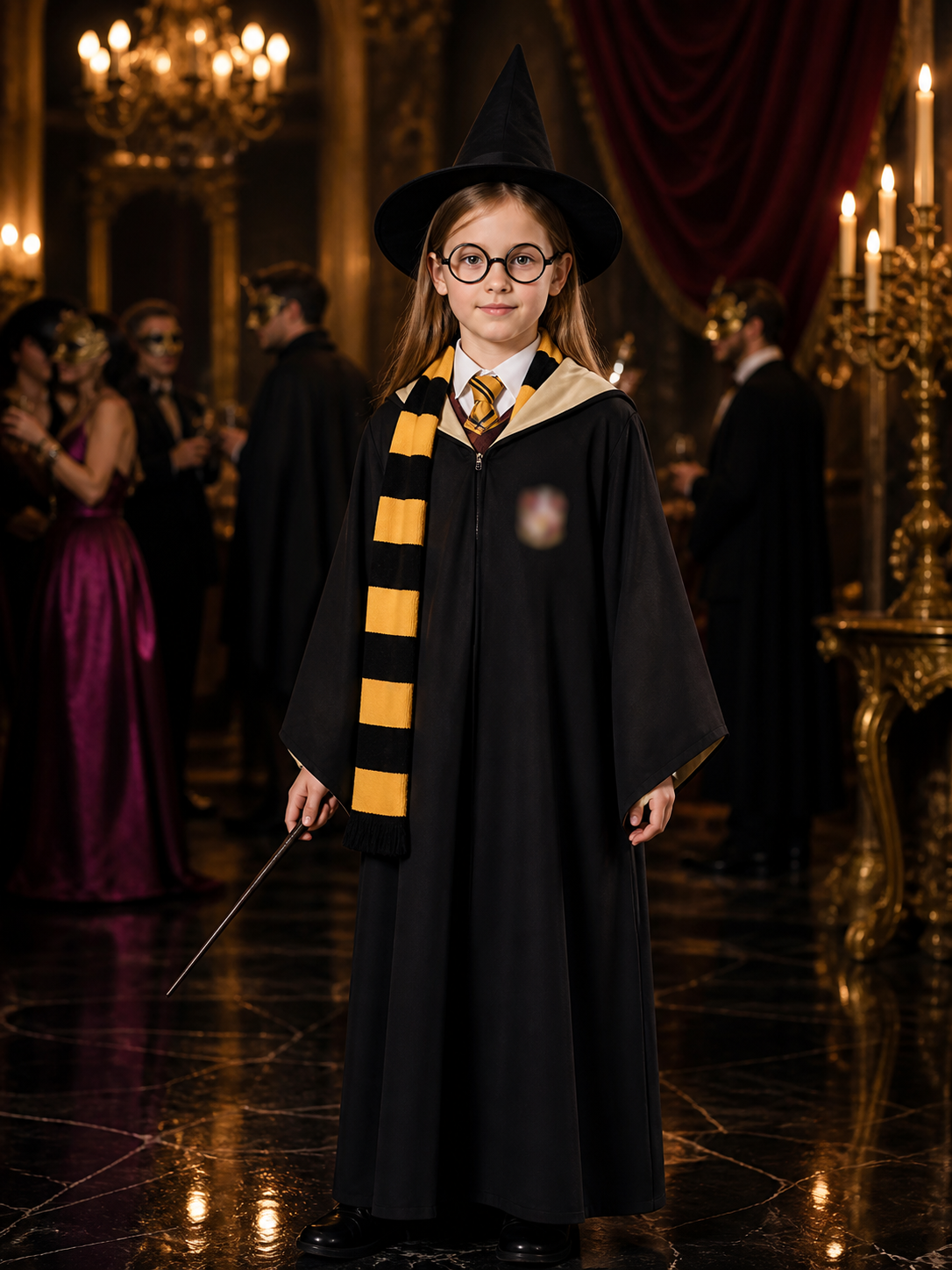 Kids Wizard Robe Costume Set, Hooded Black Cloak With Hat, Scarf, Tie, Glasses Costume Capes detail