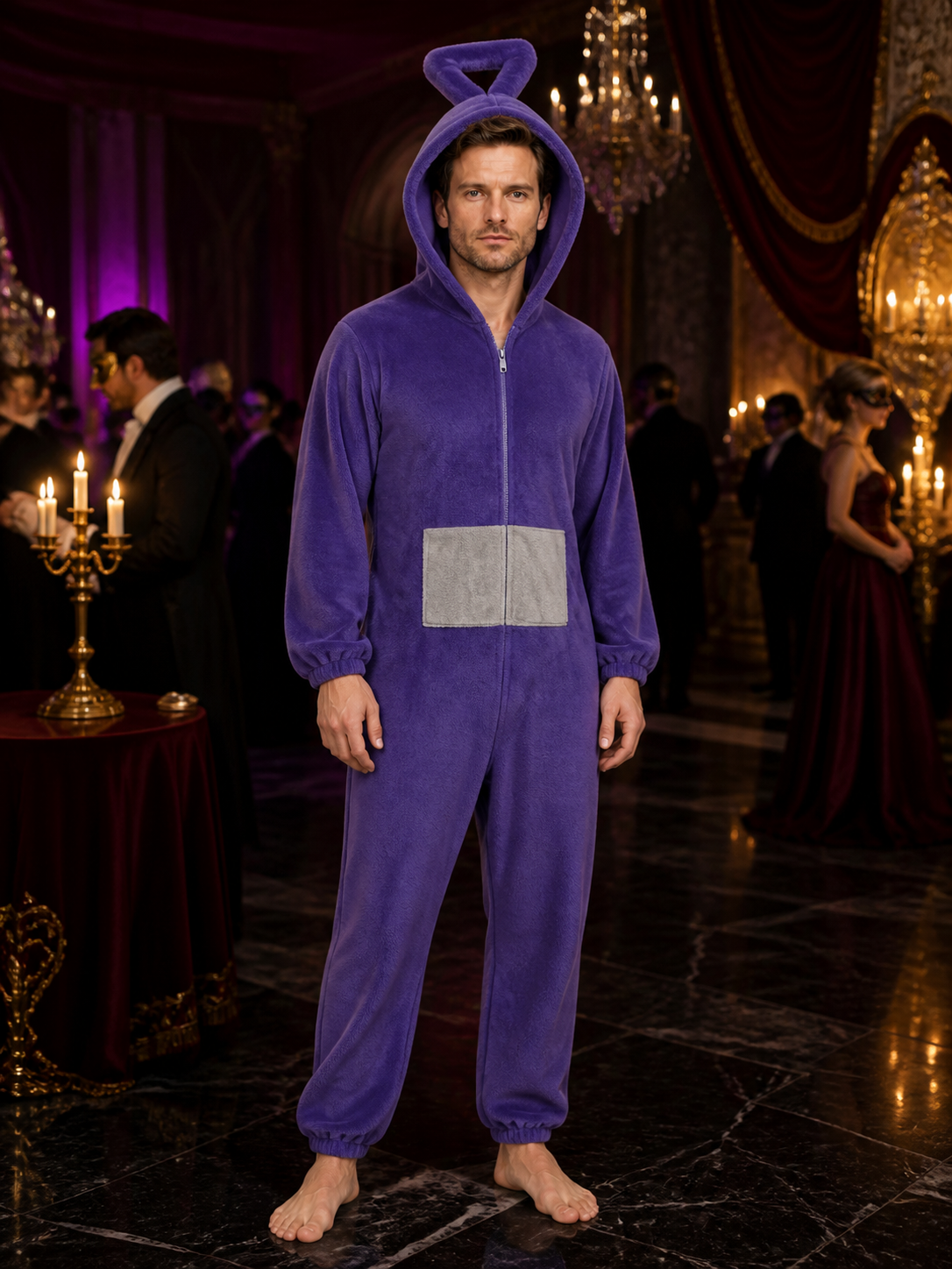Adult Unisex Purple Cartoon Character Hooded Jumpsuit Costume, Front Zip Funny Costumes detail