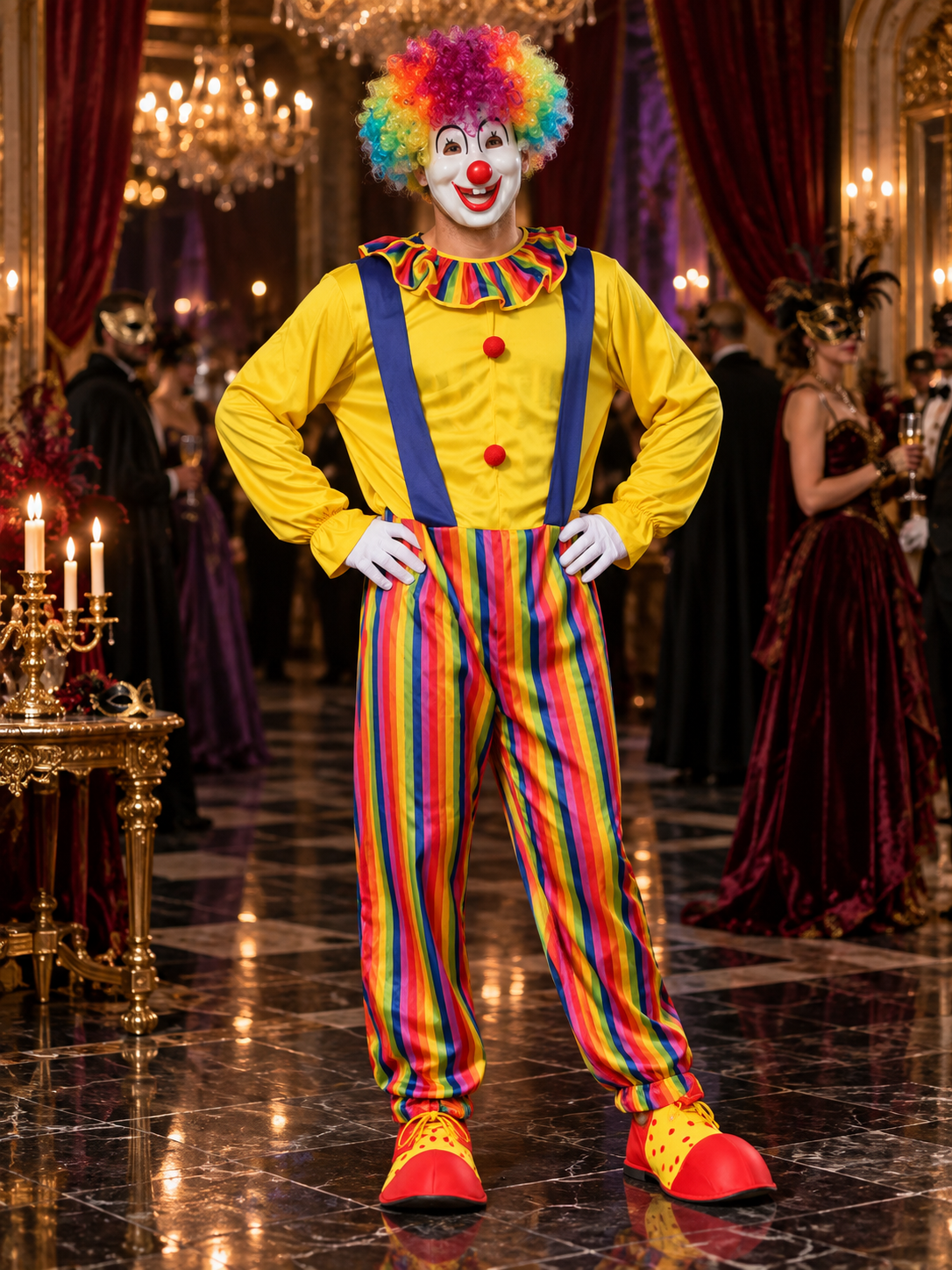 Clown Costume with Yellow Jumpsuit, Wig, and Mask