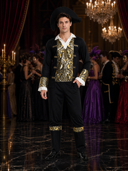 Adult Pirate Costume Set With Baroque Gold Trim, Hat, Shirt And Pants Costume Headwear detail