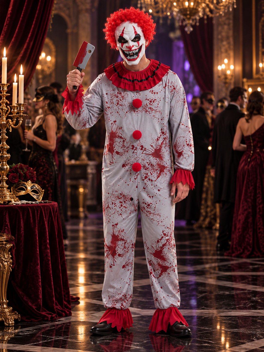 Scary Clown Costume with Mask and Blood Effect