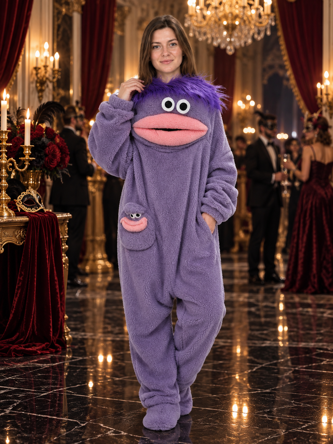 Warm Purple One-Piece Pajama with a Cartoon Face product detail