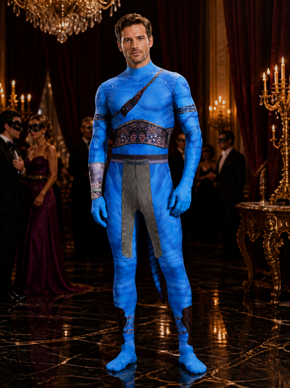 Unisex Blue Alien Bodysuit Costume with Tail, Halloween Party Outfit Costumes detail