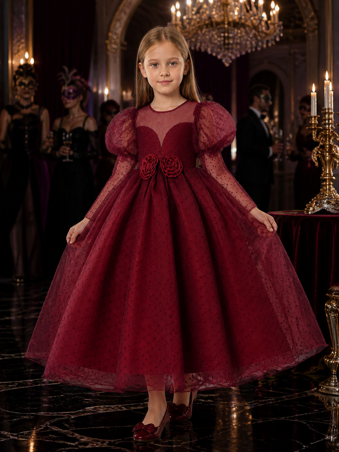 Girls' Maroon Princess Dress with Bubble Sleeves and Rose Waist Detail Costume Dresses detail