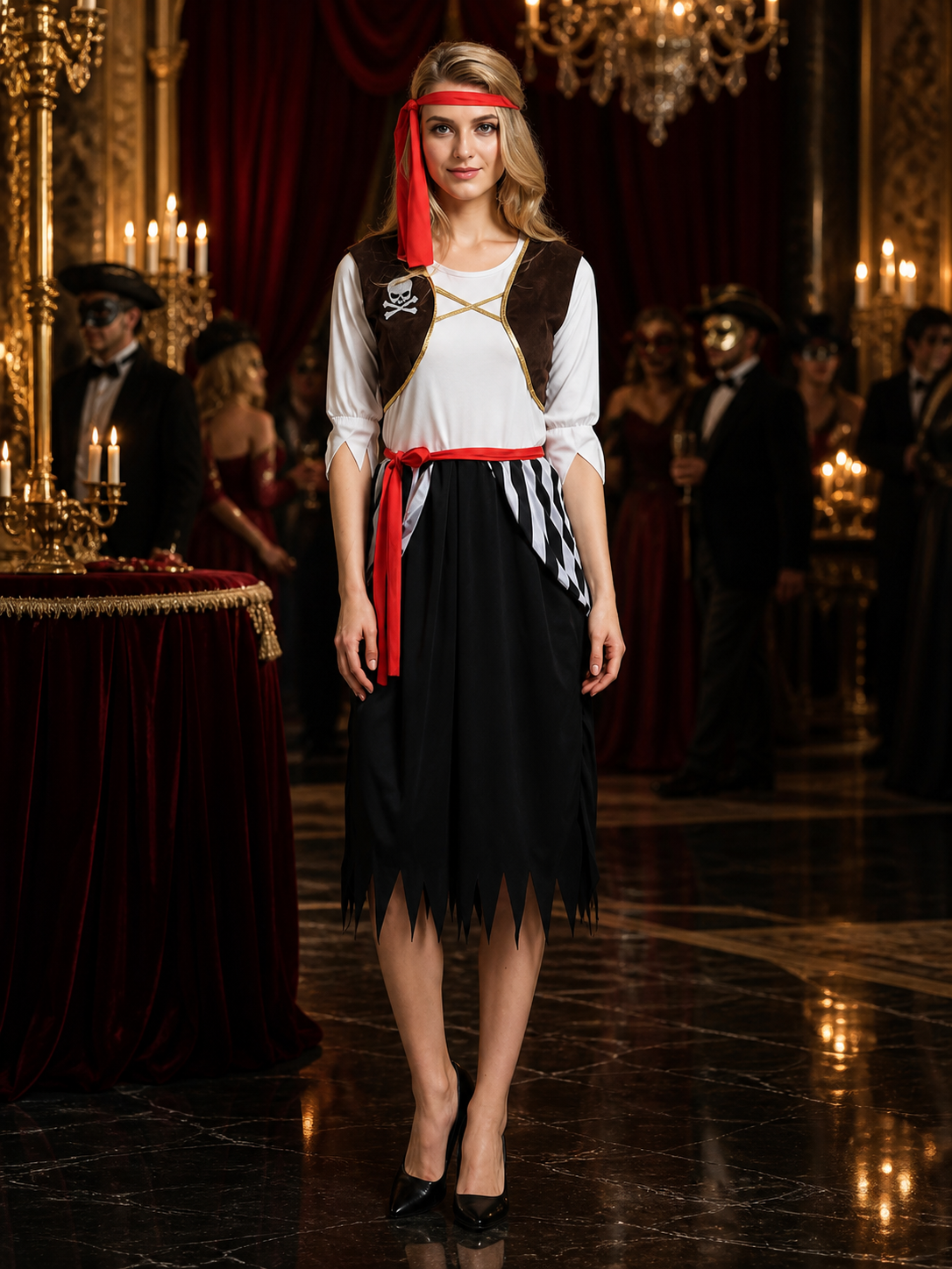 Adult Pirate Costume Set, Long-Sleeve Skirted Jumpsuit with Headband and Belt Costume Headwear detail