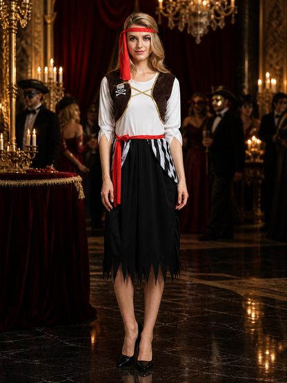 Adult Pirate Costume Set, Long-Sleeve Skirted Jumpsuit with Headband and Belt Costume Headwear detail