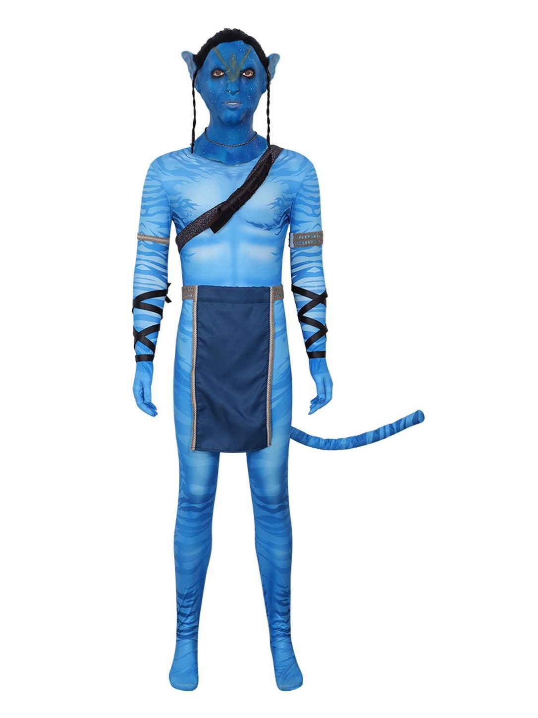 Actual product photo: blue striped bodysuit worn with the full hood mask with ears and black braids, apron and arm wraps