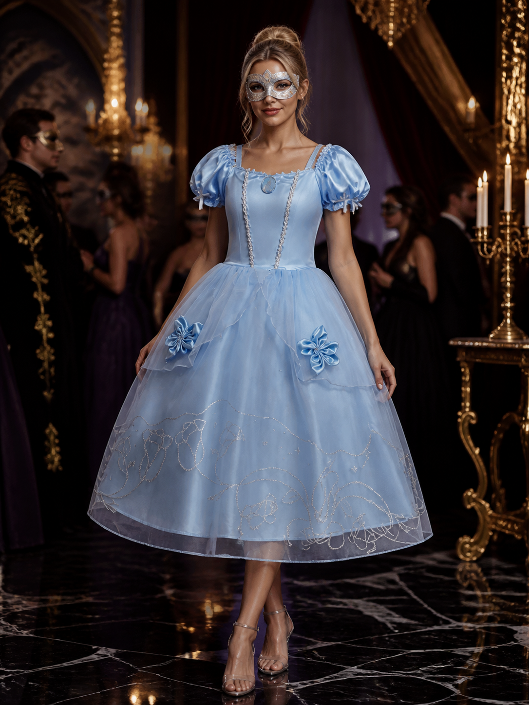 Girls Princess Cosplay Dress Costume, Light Blue Puffy Sleeve Tutu with Silver Costume Dresses detail