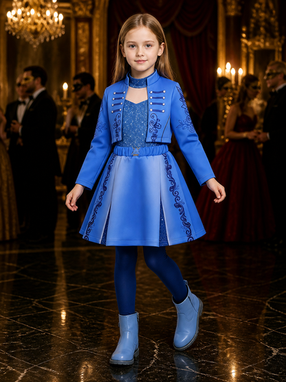 Girls' Blue Princess Costume Set with Sequined Vest, Jacket with Silver Trim Costumes detail