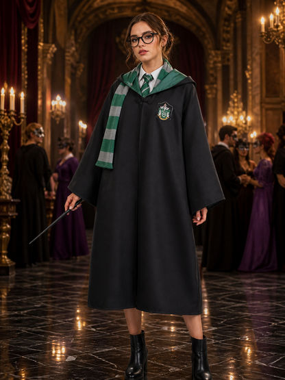 Slytherin Wizard Costume Set, Hooded Cloak with Scarf, Tie, Hat, Glasses & Wand Costume Capes detail