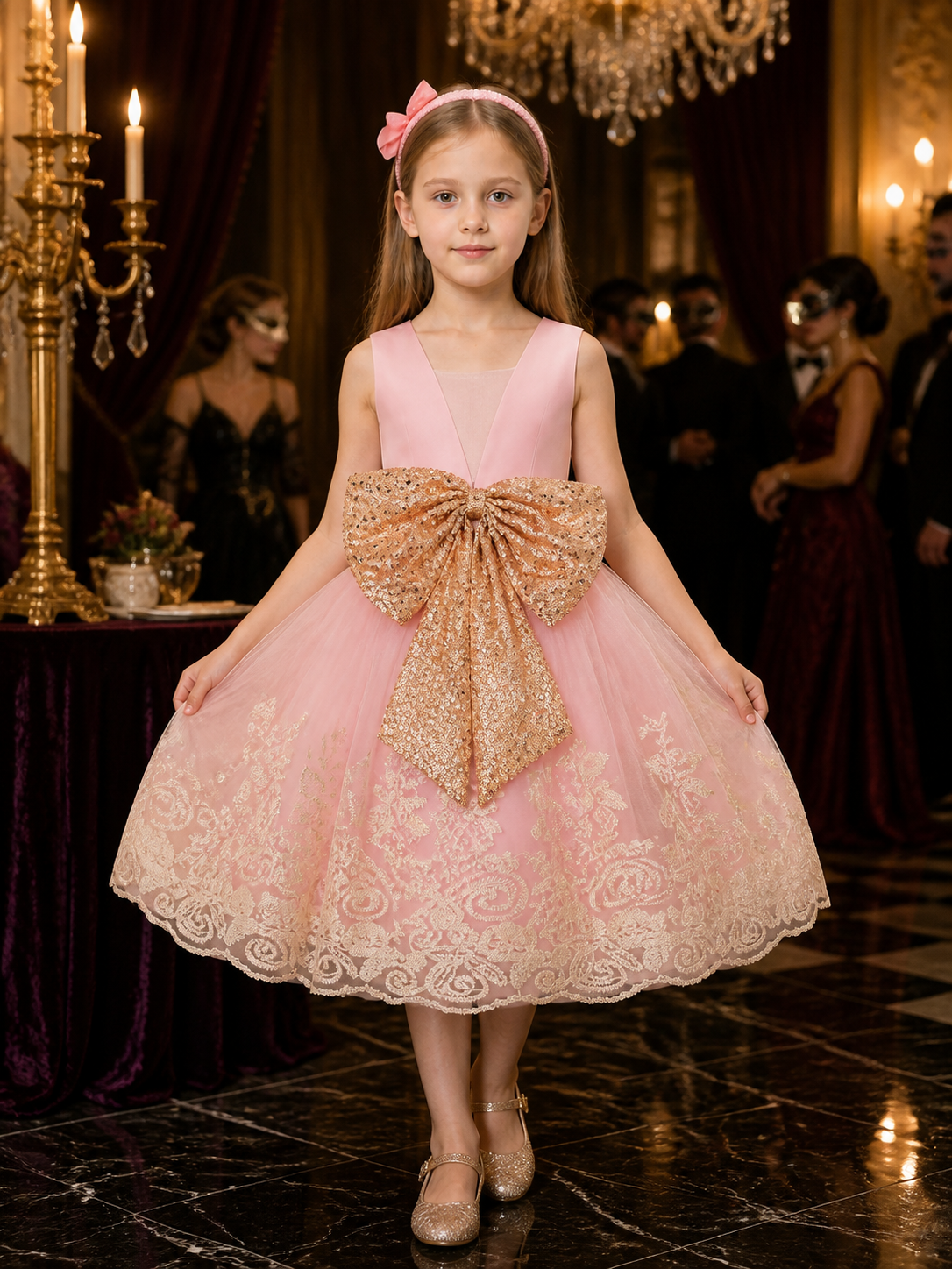 Girls' Princess Dress Set, Pink Tulle Skirt With Lace Embroidery, Gold Sequin Costume Dresses detail