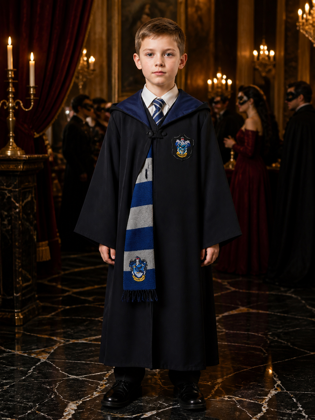 Kids Wizard Costume Set, Hooded Long Robe, Tie And Scarf Costumes detail