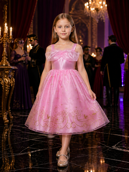 Girls Pink Princess Costume Dress, Tutu with Bow and Gold Star Rose Print Costume Dresses detail
