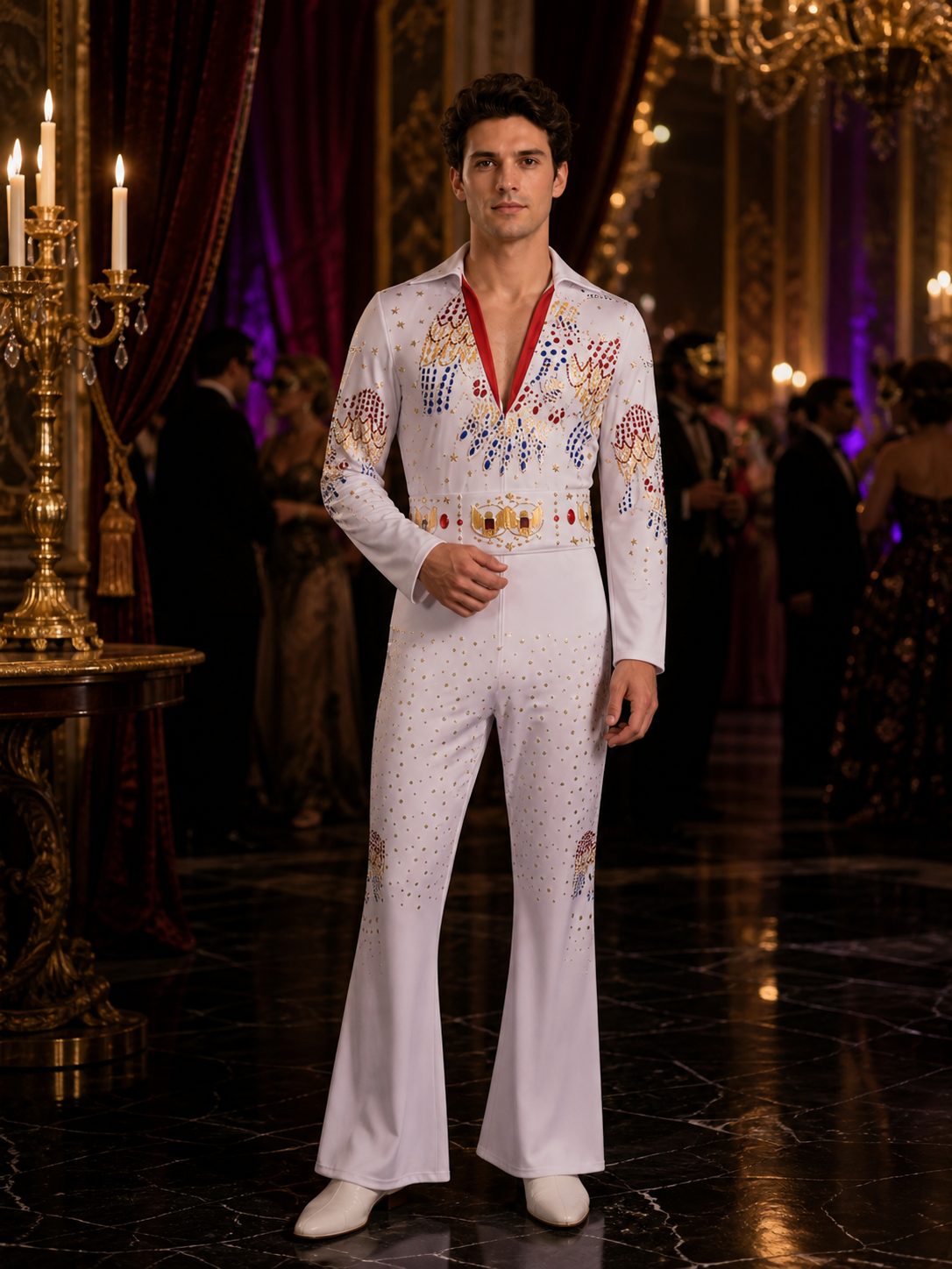 White Rock Singer Jumpsuit Costume With Flared Legs And Colorful Patterns Costumes detail