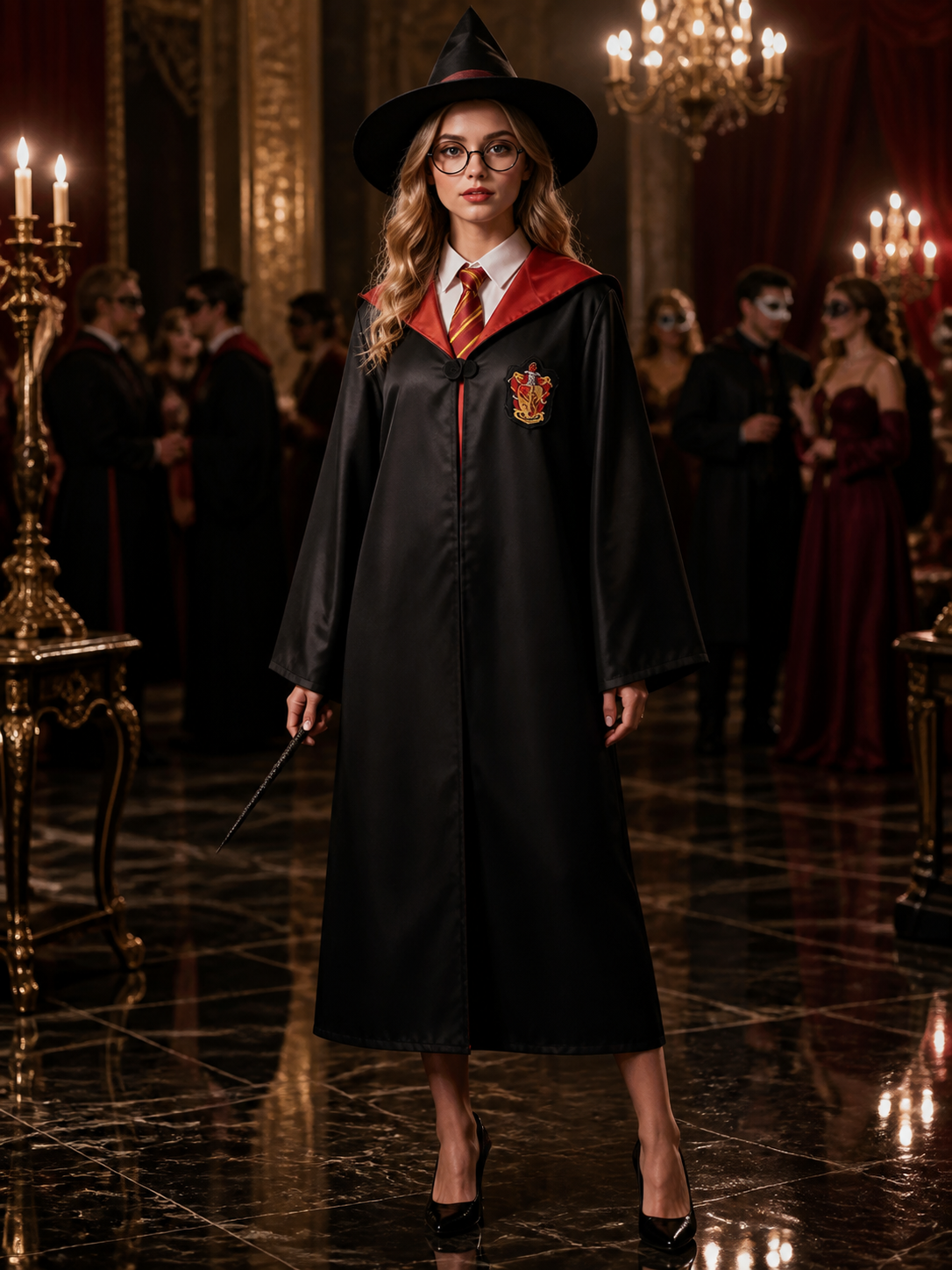 Black Hooded Wizard Robe Costume Set with School Crest, Hat, Tie, Scarf Costume Headwear detail