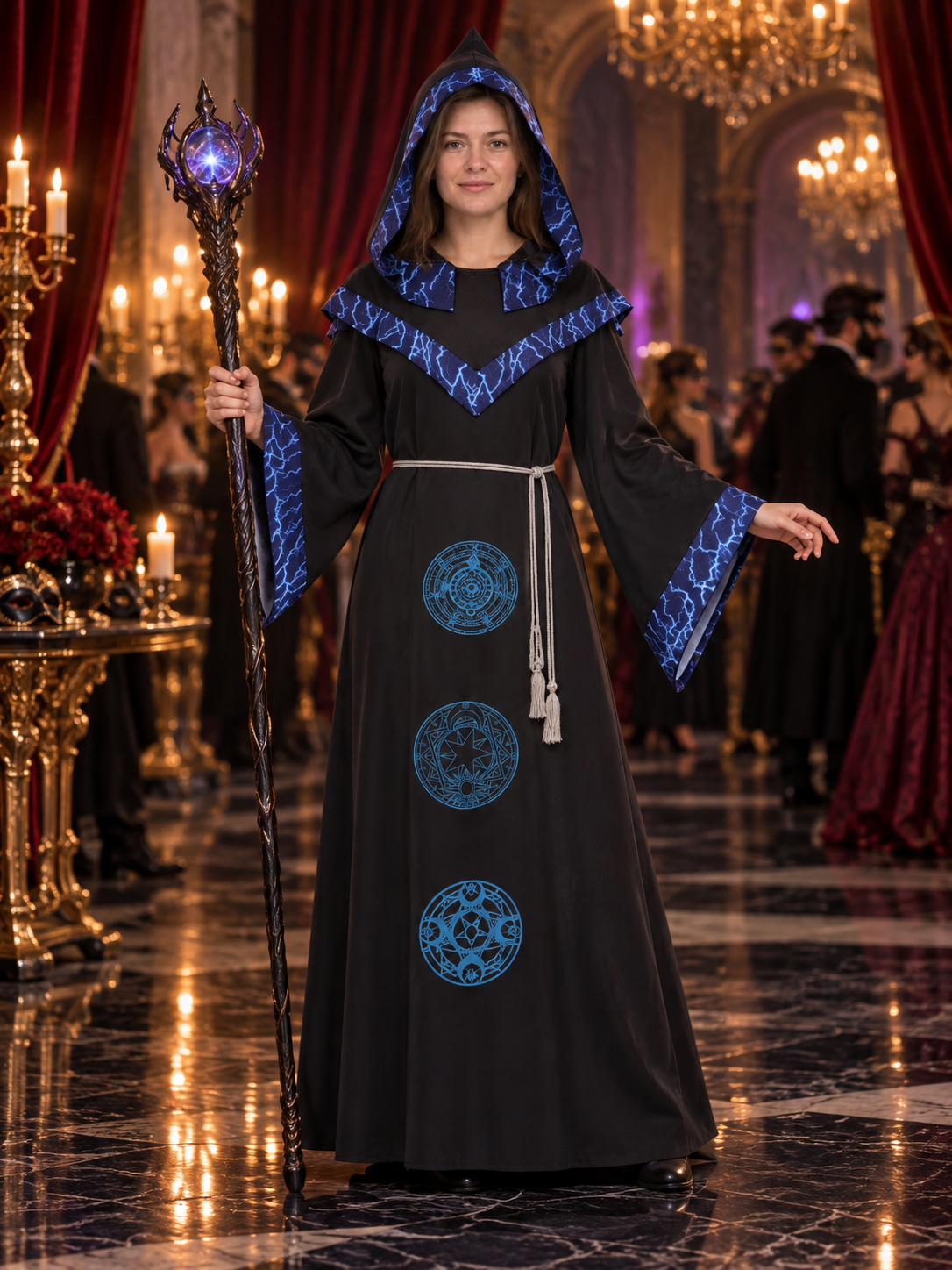 Black wizard robe with blue lightning bolts and a hood