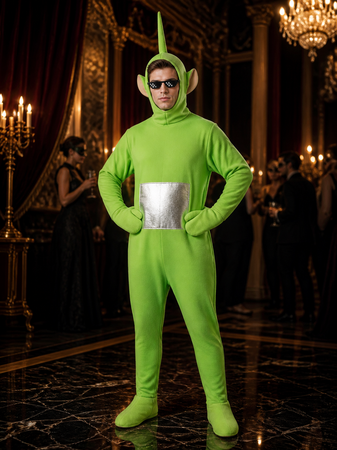 Adult Unisex Green Hooded Character Onesie Costume with Antenna, Pixel Glasses &