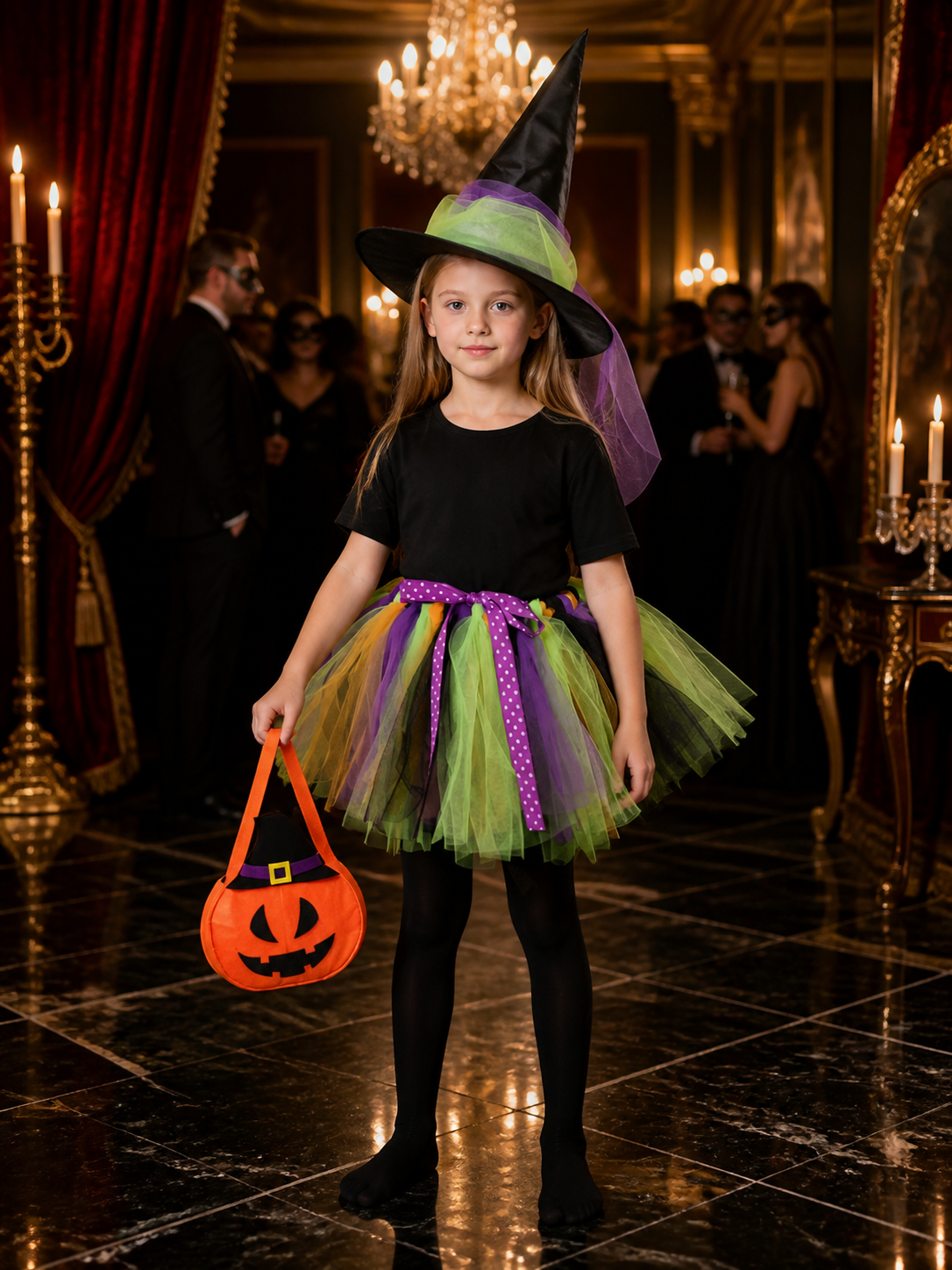Girls' Witch Costume Set with Pointed Hat, Tutu Skirt, Pumpkin Bag and Tights Costume Headwear detail